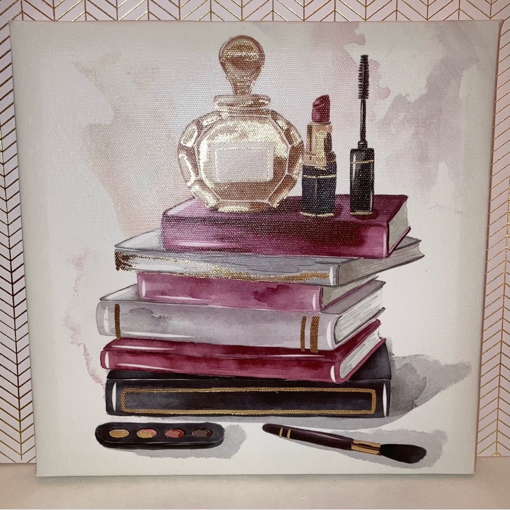 NEW Makeup and Books Canvas Wall Art Burgundy Gold Beauty Glam Home Decor